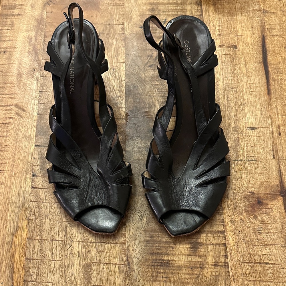 CNC Costume National Black Leather Strappy Slingback wooden block Heels 7